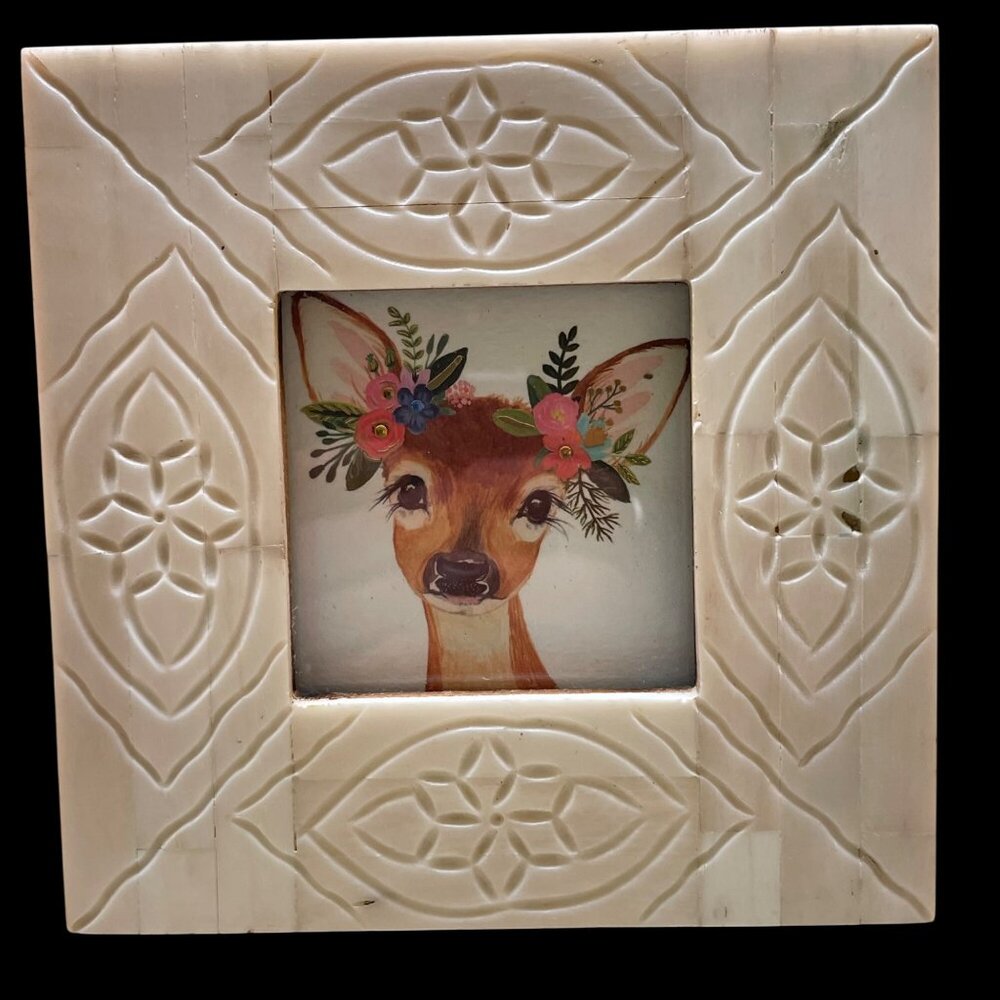 Handcrafted Stone Photo Frame with Floral Deer Art - 5x5 Inches - Made In India